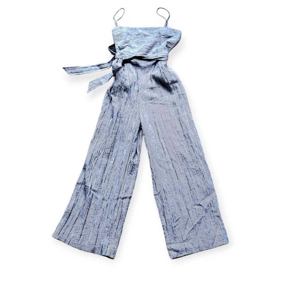 Shinestar Women’s Pinstripe Square neck Spaghetti Strap Belted Jumpsuit Size Sm